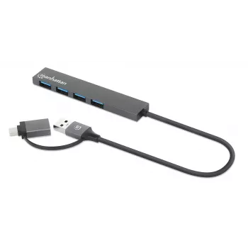 Manhattan USB-C & USB-A kombinētais centrmezgls/hubs, 4 porti USB-A, 5 Gbps (USB 3.2 Gen1), barošana no USB, kabelis 25 cm