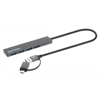 Manhattan USB-C & USB-A kombinētais centrmezgls/hubs, 4 porti USB-A, 5 Gbps (USB 3.2 Gen1), barošana no USB, kabelis 25 cm