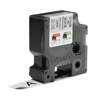 DYMO Rhino Industrial Pastāvīgās poliestera etiķetes | 19 mm x 5,5 m | Melns drukāts uz metāliska | Pašlīmējošas | Rhino un LabelManager marķētājiem