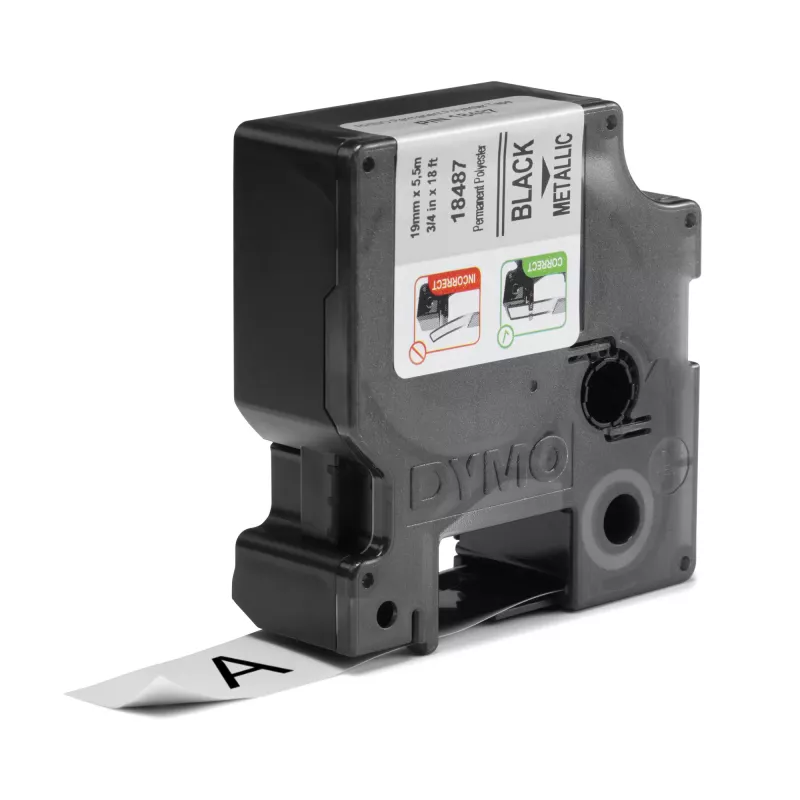 DYMO Rhino Industrial Pastāvīgās poliestera etiķetes | 19 mm x 5,5 m | Melns drukāts uz metāliska | Pašlīmējošas | Rhino un LabelManager marķētājiem