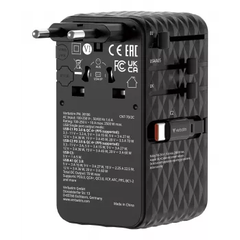 Verbatim Charge 'n' Travel 70W 2C izvelkams universāls ceļojumu adapteris melns