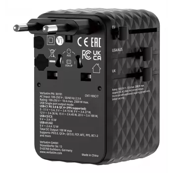 Verbatim Charge 'n' Travel 100W universāls ceļojumu adapteris ar ievelkamu kabeli Melns
