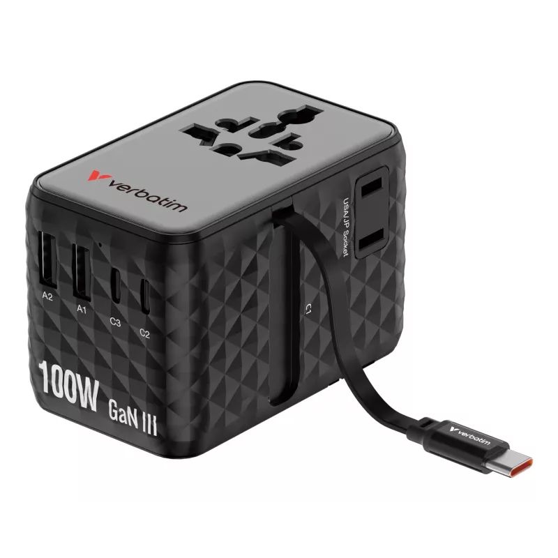 Verbatim Charge 'n' Travel 100W universāls ceļojumu adapteris ar ievelkamu kabeli Melns