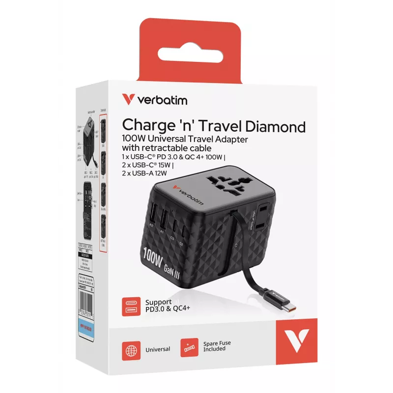 Verbatim Charge 'n' Travel 100W universāls ceļojumu adapteris ar ievelkamu kabeli Melns