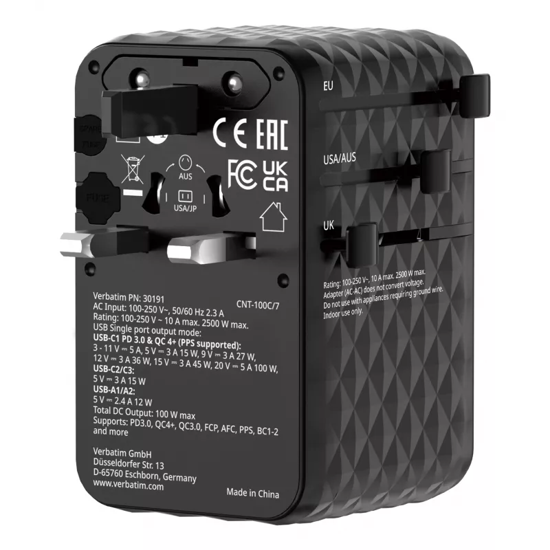 Verbatim Charge 'n' Travel 100W universāls ceļojumu adapteris ar ievelkamu kabeli Melns