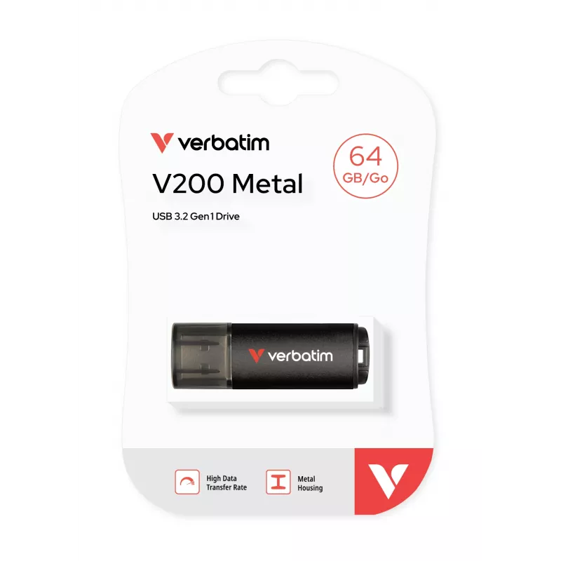 Verbatim V200 Metal USB zibatmiņa 64GB, USB Type-A, 3.2 Gen 1, 200 MB/s, vāciņš, Melna