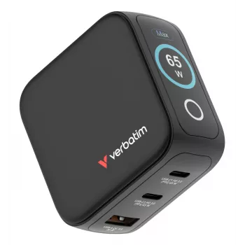 Verbatim Mini GaN Lādētājs 65W ar Displeju, Iekštelpām, Maiņstrāva, 20 V, Melns