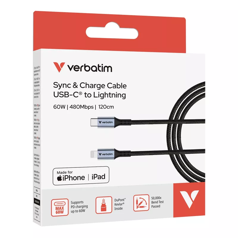 Verbatim Sync & Charge kabelis USB-C uz Lightning 120 cm, 1.2 m, Lightning, USB C, vīriešu, vīriešu, melns