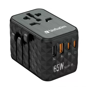 Verbatim UTA-05 65W GaN III Universāls Ceļojumu Adapters ar 2 x USB-C PD & QC 4+ & 2 x USB-A portiem