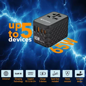 Verbatim UTA-05 65W GaN III Universāls Ceļojumu Adapters ar 2 x USB-C PD & QC 4+ & 2 x USB-A portiem