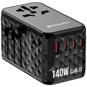 Verbatim UTA-10 140W GaN III universāls ceļojumu adapteris ar 2 x USB-C PD 3.1 & QC 4+, 1 x USB-C PD 3.0 un 1 x USB-A QC 3.0 portiem