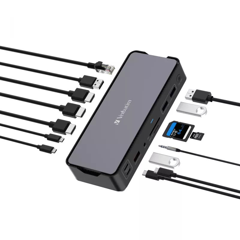 Verbatim CDS-15 vadu USB 3.2 Gen 1 (3.1 Gen 1) Type-C dokstacija, melna, pelēka