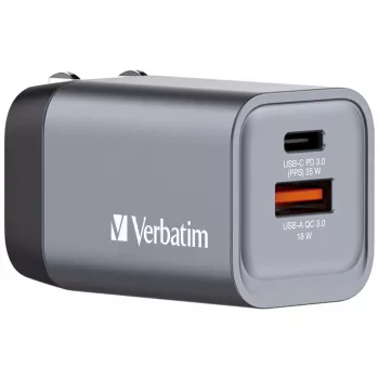 Verbatim GNC-35 GaN lādētājs 35W ar 1 x USB-C PD 35W / 1 x USB-A QC 3.0 (ES/ASV/Lielbritānijas kontaktdakšas)