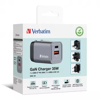 Verbatim GNC-35 GaN lādētājs 35W ar 1 x USB-C PD 35W / 1 x USB-A QC 3.0 (ES/ASV/Lielbritānijas kontaktdakšas)