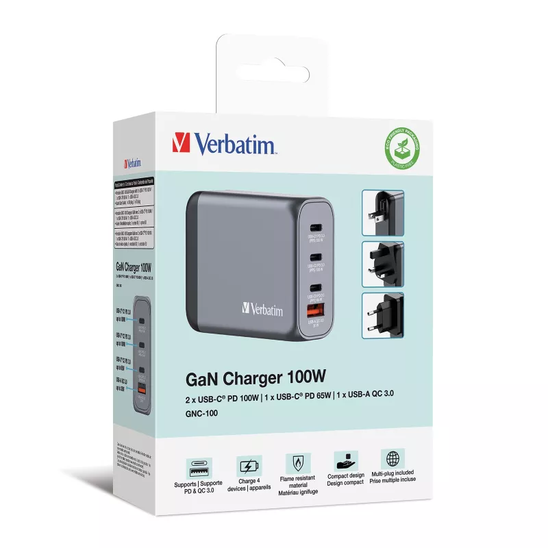 Verbatim GNC-100 GaN lādētājs 100W ar 2 x USB-C PD 100W / 1 x USB-C PD 65W / 1 x USB-A QC 3.0 (ES/UK/US)