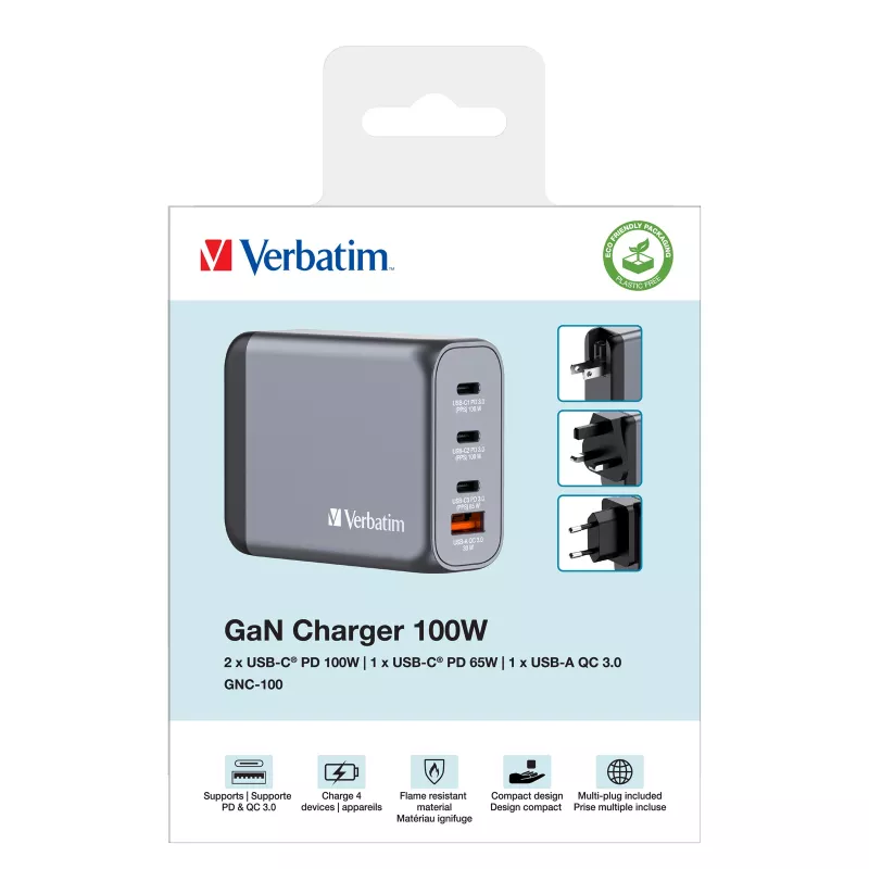 Verbatim GNC-100 GaN lādētājs 100W ar 2 x USB-C PD 100W / 1 x USB-C PD 65W / 1 x USB-A QC 3.0 (ES/UK/US)