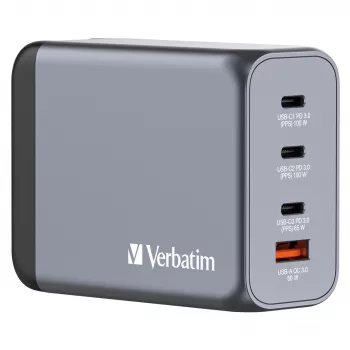 Verbatim GNC-200 GaN lādētājs 200W ar 2 x USB-C PD 100W / 1 x USB-C PD 65W / 1 x USB QC 3.0 (EU/UK/US)