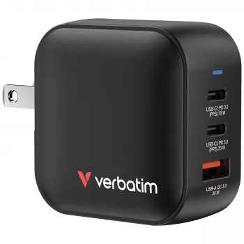Verbatim Mini GaN Lādētājs 70W 3 Porti US spraudnis ar EU un UK adapteriem