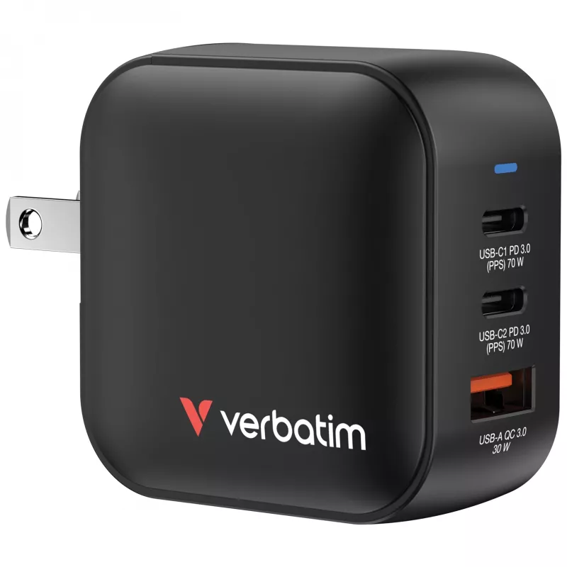 Verbatim Mini GaN Lādētājs 70W 3 Porti US spraudnis ar EU un UK adapteriem