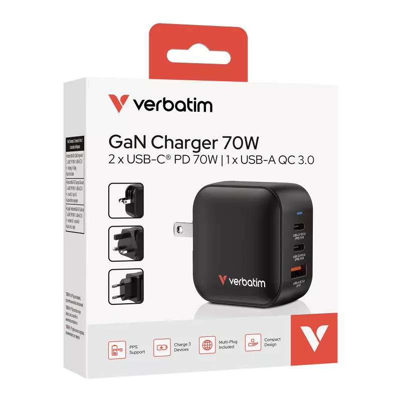 Verbatim Mini GaN Lādētājs 70W 3 Porti US spraudnis ar EU un UK adapteriem