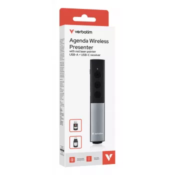 Verbatim Agenda Bezvadu Prezentācijas Rādītājs ar Sarkano Lāzera Rādītāju, RF, USB, 100 m, Melns, Sudrabs