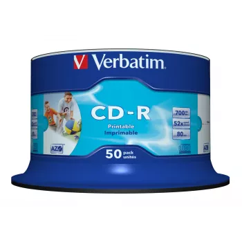 Verbatim CD-R AZO Wide Inkjet Printable 700 MB 52x 50 gab. kūkas kastē