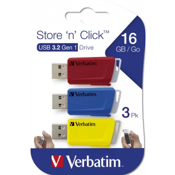 Verbatim Store 'n' Click USB 3.2 Gen 1 zibatmiņa 3x16 GB sarkanā/zilā/dzeltenā krāsā