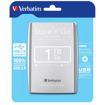 Verbatim Store 'n' Go USB 3.0 portatīvais cietais disks 1TB Sudrabs