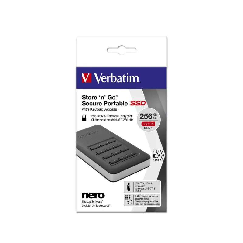Verbatim Store 'n' Go pārnēsājamais SSD ar taustiņu bloku 256GB
