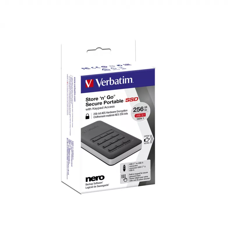 Verbatim Store 'n' Go pārnēsājamais SSD ar taustiņu bloku 256GB