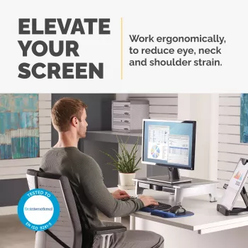 Fellowes datora monitora statīvs ar 5 augstuma regulējumiem - Office Suites monitora pacēlājs ar glabāšanas paplāti - Ergonoms regulējams monitora statīvs datoriem - Maks. svars 36 kg/Maks. izmērs 28 collas - Grafīts