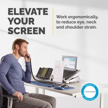 Fellowes Laptop Statīvs Galdam - Office Suites Plus Regulējams Laptop Statīvs Mājai un Birojam - Laptop Paaugstinātājs ar 5 Augstuma Iestatījumiem - Maks. Monitora Izmērs 17 collas, Maks. Svars 5 kg - Melns/Sudrabs