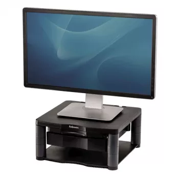 Fellowes datora monitora statīvs ar 3 augstuma regulējumiem - Premium Monitor Riser Plus ar kabeļu pārvaldību - Ergonoms regulējams monitora statīvs - Maks. svars 36 kg / Maks. izmērs 21 collas - Grafīts