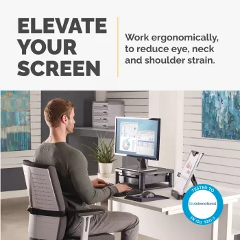 Fellowes datora monitora statīvs ar 3 augstuma regulējumiem - Premium Monitor Riser Plus ar kabeļu pārvaldību - Ergonoms regulējams monitora statīvs - Maks. svars 36 kg / Maks. izmērs 21 collas - Grafīts