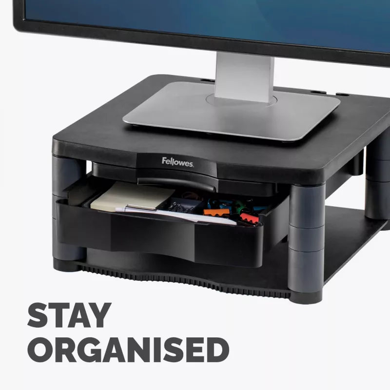 Fellowes datora monitora statīvs ar 3 augstuma regulējumiem - Premium Monitor Riser Plus ar kabeļu pārvaldību - Ergonoms regulējams monitora statīvs - Maks. svars 36 kg / Maks. izmērs 21 collas - Grafīts