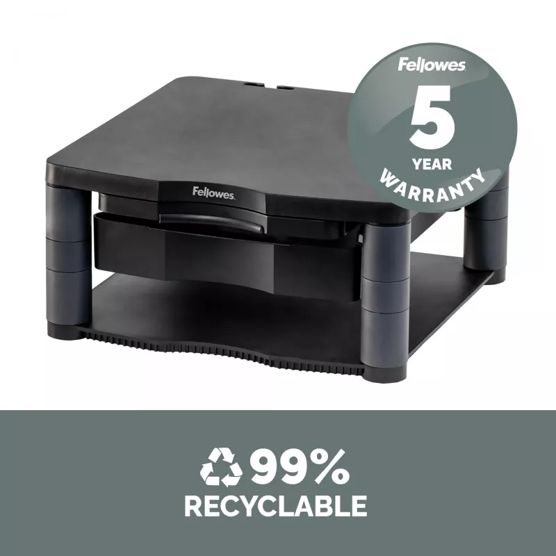 Fellowes datora monitora statīvs ar 3 augstuma regulējumiem - Premium Monitor Riser Plus ar kabeļu pārvaldību - Ergonoms regulējams monitora statīvs - Maks. svars 36 kg / Maks. izmērs 21 collas - Grafīts