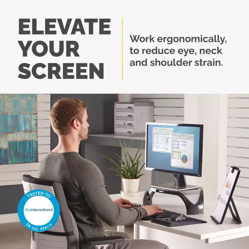Fellowes datora monitora statīvs ar 3 augstuma regulējumiem - Smart Suites monitora pacēlājs - Ergonomisks regulējams monitora statīvs datoriem - Maks. svars 10 kg / Maks. izmērs 21 collas - Melns