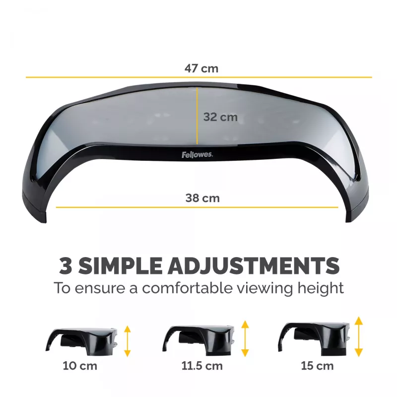 Fellowes datora monitora statīvs ar 3 augstuma regulējumiem - Smart Suites monitora pacēlājs - Ergonomisks regulējams monitora statīvs datoriem - Maks. svars 10 kg / Maks. izmērs 21 collas - Melns