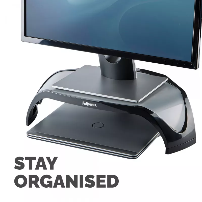 Fellowes datora monitora statīvs ar 3 augstuma regulējumiem - Smart Suites monitora pacēlājs - Ergonomisks regulējams monitora statīvs datoriem - Maks. svars 10 kg / Maks. izmērs 21 collas - Melns