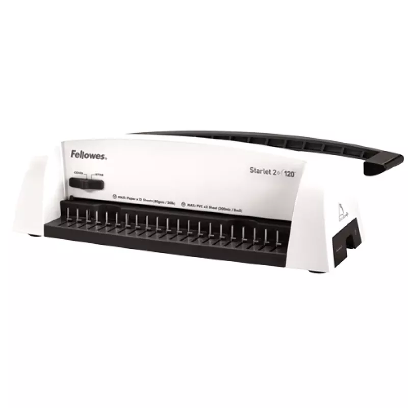 Fellowes Starlet 2+ plastmasas ķemmes iesiešanas mašīna, balta, 12 lapu perforācija