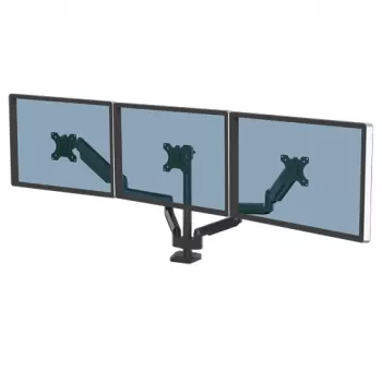 Fellowes Platinum Series Trīskāršs Monitora Turētājs - Trīs 7 kg 27 collu Ekrāniem - Pielāgojams Galda Stiprinājums - Slīpums 45° Pagrieziens 180° Šūpošana 360° Rotācija 360°, VESA 75x75/100x100 - Melns