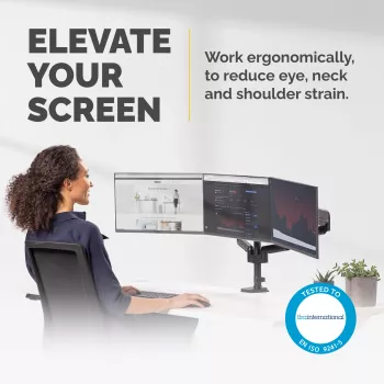 Fellowes Platinum Series Trīskāršs Monitora Turētājs - Trīs 7 kg 27 collu Ekrāniem - Pielāgojams Galda Stiprinājums - Slīpums 45° Pagrieziens 180° Šūpošana 360° Rotācija 360°, VESA 75x75/100x100 - Melns
