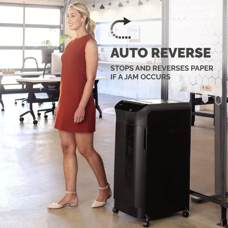 Fellowes AutoMax 350C automātiskā smalcinātājs, 350 lapas, šķērsgriezums 4x38 mm, P4 drošība, 68 L grozs