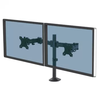 Fellowes Reflex Divu Monitoru Piestiprinājums - Divu Monitoru Statīvs 8KG 27 Collu Ekrāniem - Regulējams Galda Piestiprinājums - Slīpums 45° Pagrieziens 180° Rotācija 360°, VESA 75 x 75/100 x 100 - Melns