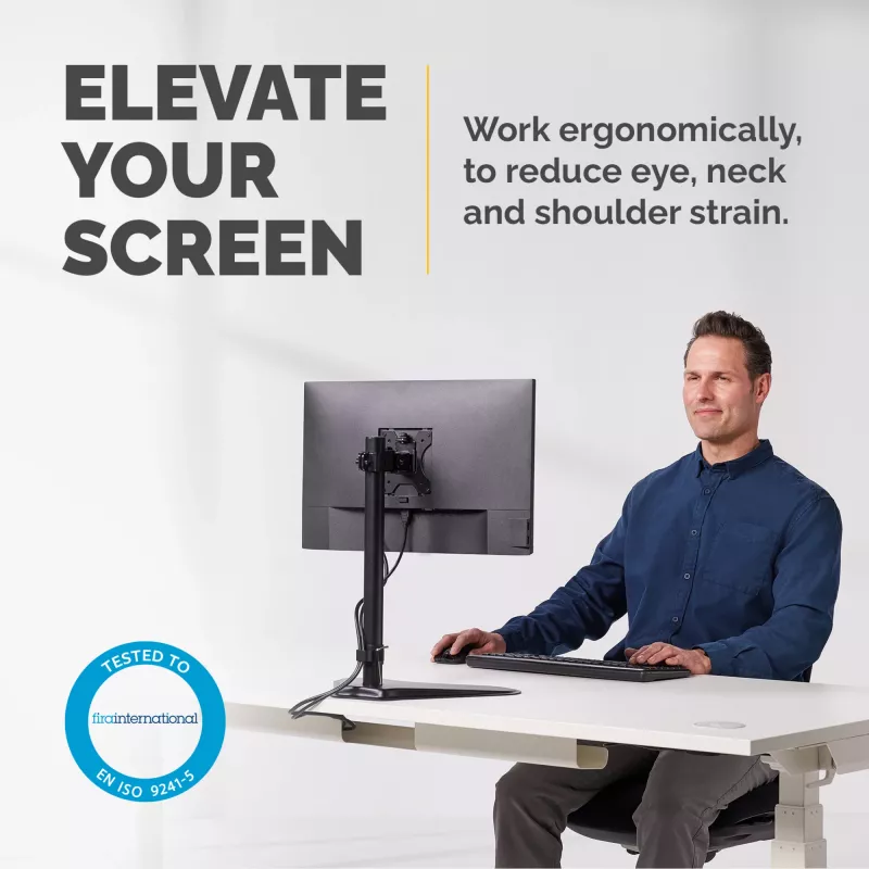 Fellowes Seasa Brīvi Stāvošs Monitora Stends - Līdz 8kg/32 inch - Ergonomiski Regulējams - Slīpums 45°, Pagrieziens 120°, Rotācija 360°, VESA 75x75/100x100 - Melns