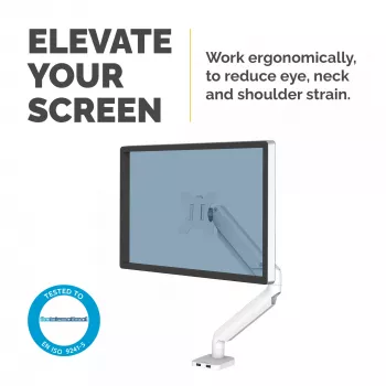 Fellowes Platinum Series Monitora roka – monitora stiprinājums 8 kg, 40 collu ekrāniem, regulējams, slīpums 45°, pagrieziens 180°, rotācija 360°, VESA 75x75/100x100, balts