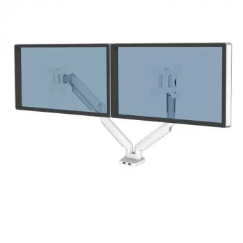 Fellowes Platinum Series Divu Monitoru Statīvs - Monitora Turētājs Diviem 8 kg 40 collu Ekrāniem - Regulējams Divu Monitoru Galda Stiprinājums - Slīpums 45° Pagrieziens 180° Šūpošana 360° Rotācija 360°, VESA 75 x 75/100 x 100 - Balts