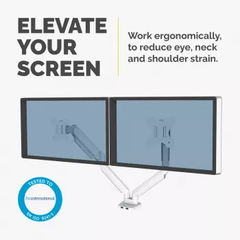 Fellowes Platinum Series Divu Monitoru Statīvs - Monitora Turētājs Diviem 8 kg 40 collu Ekrāniem - Regulējams Divu Monitoru Galda Stiprinājums - Slīpums 45° Pagrieziens 180° Šūpošana 360° Rotācija 360°, VESA 75 x 75/100 x 100 - Balts