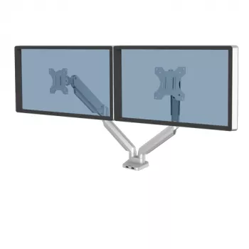 Fellowes Platinum Series Divu Monitoru Pamatne - Monitoru Stiprinājums Diviem 8KG 40 collu Ekrāniem - Regulējams Divu Monitoru Galda Stiprinājums - Slīpums 45° Pagrieziens 180° Šūpošanās 360° Rotācija 360°, VESA 75 x 75/100 x 100 - Sudrabs