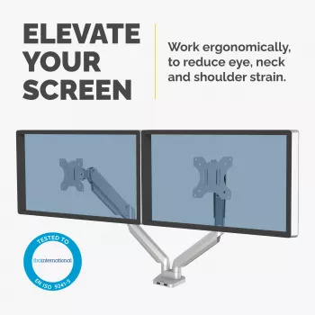 Fellowes Platinum Series Divu Monitoru Pamatne - Monitoru Stiprinājums Diviem 8KG 40 collu Ekrāniem - Regulējams Divu Monitoru Galda Stiprinājums - Slīpums 45° Pagrieziens 180° Šūpošanās 360° Rotācija 360°, VESA 75 x 75/100 x 100 - Sudrabs